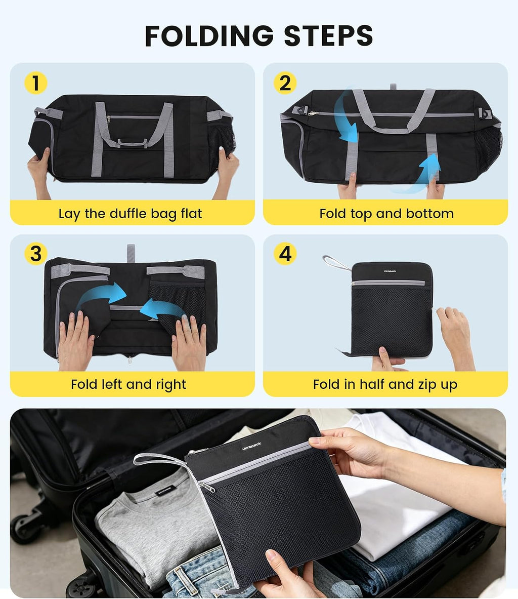 Vorspack 65L Foldable Duffle Bag for Travel with Shoe Compartment, Black