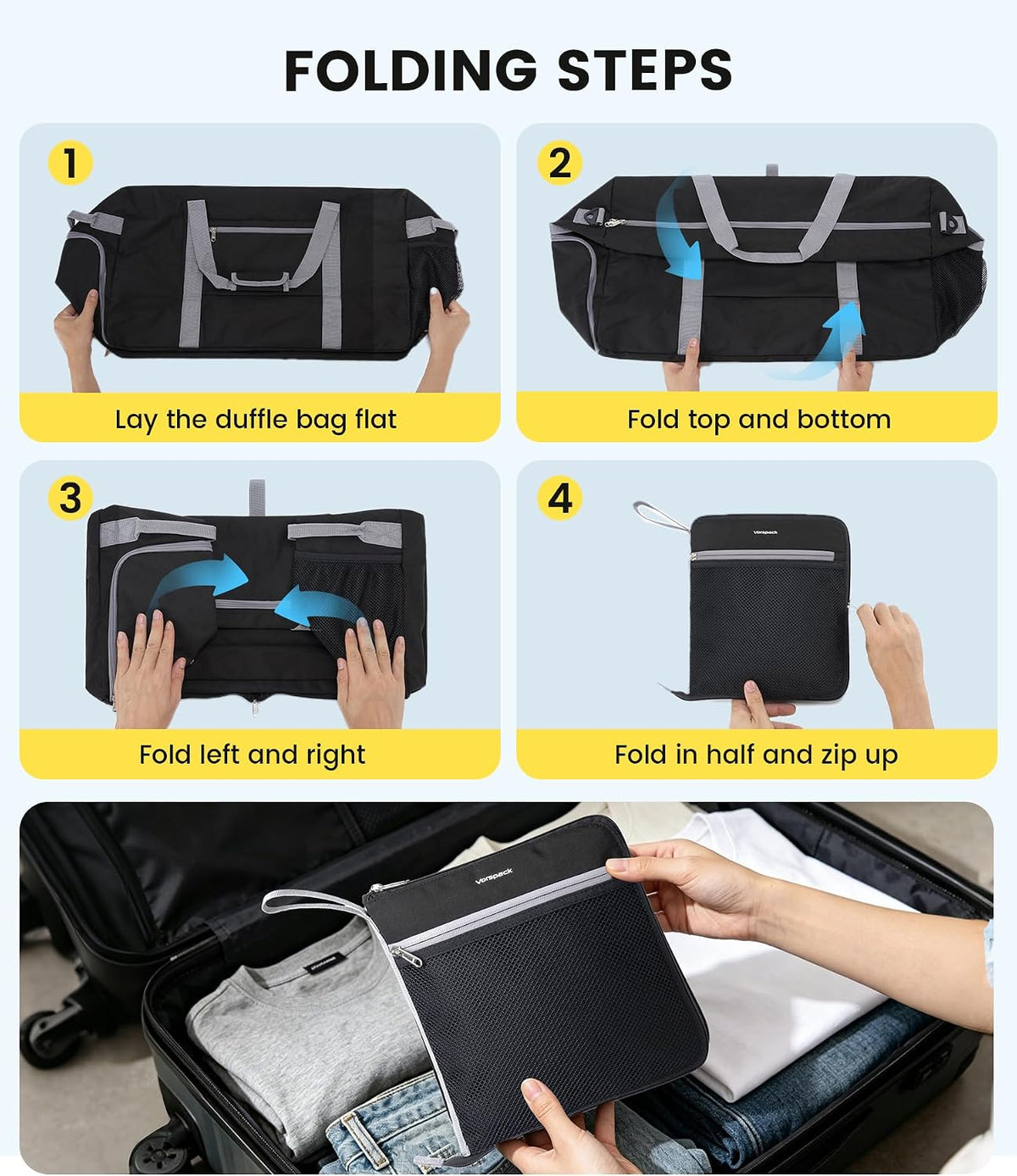 Vorspack 65L Foldable Duffle Bag for Travel with Shoe Compartment, Black