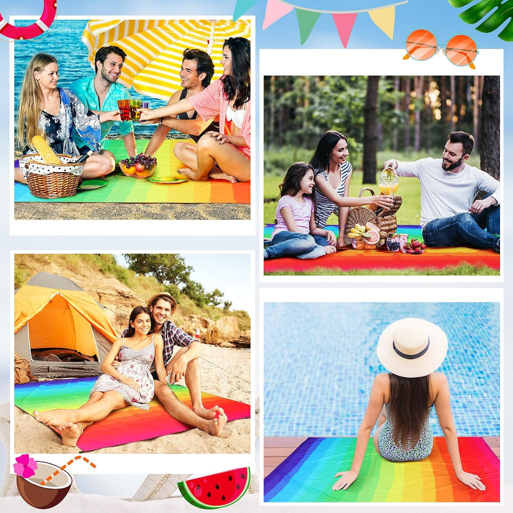 HunnmingRe 83"x 79" Rainbow Beach Blanket Large Waterproof Sandproof Beach Mat with Stakes & Pockets for 1-5 Adults, Quick Drying Outdoor Polyester Picnic Mat Accessories for Travel, Camping