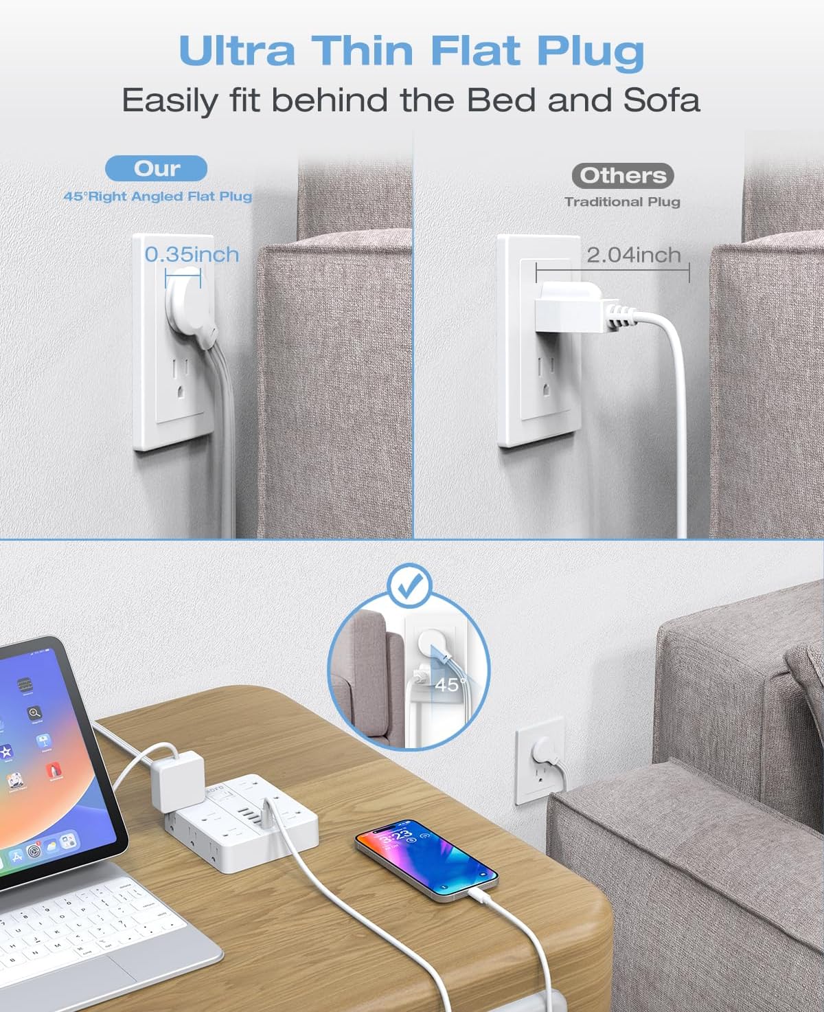 Power Strip Flat Plug,AOFO 5FT Extension Cord with Multiple Outlets