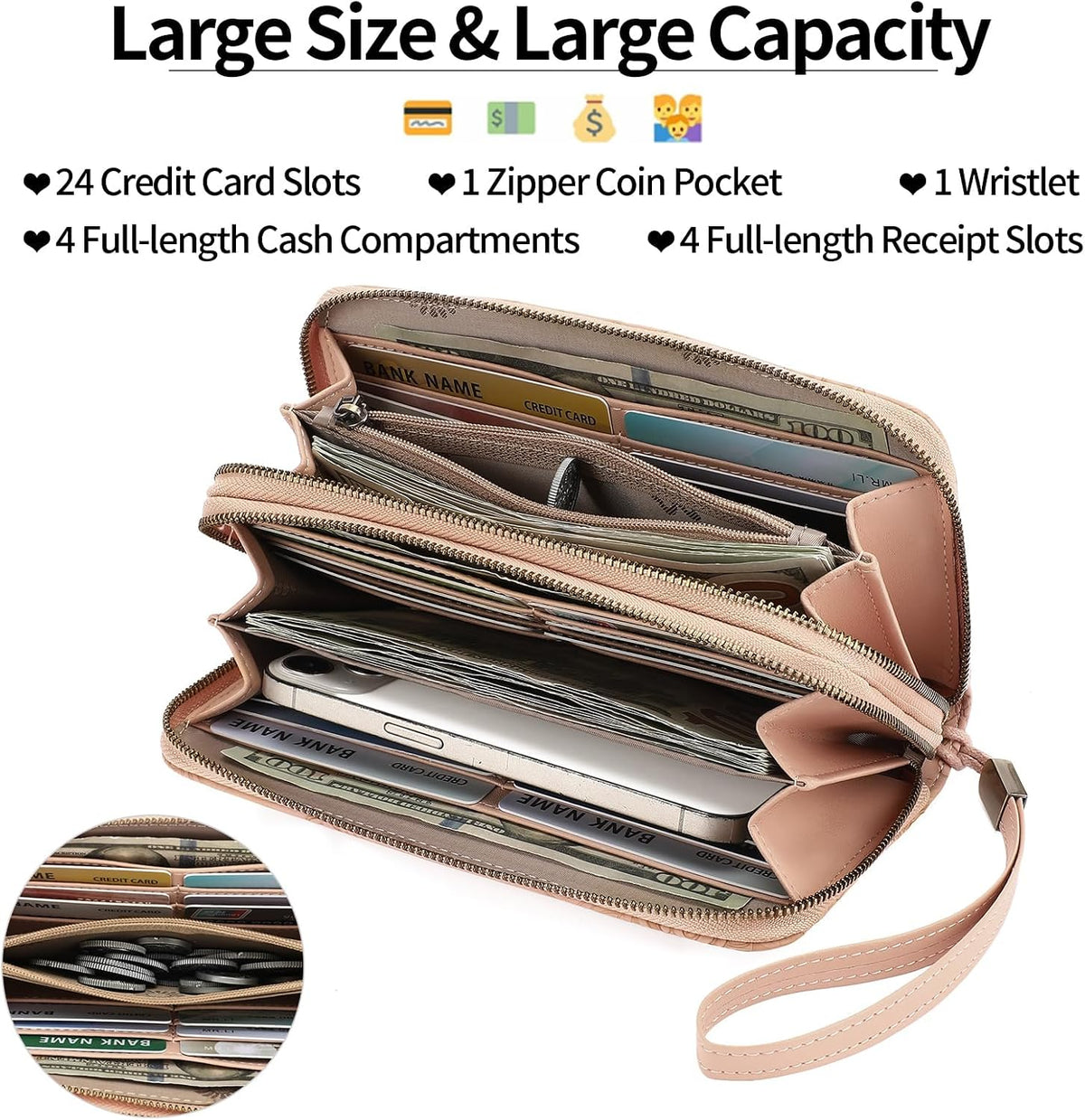 GAEKEAO RFID Leather Wristlet Wallet for Women with Grip Strap