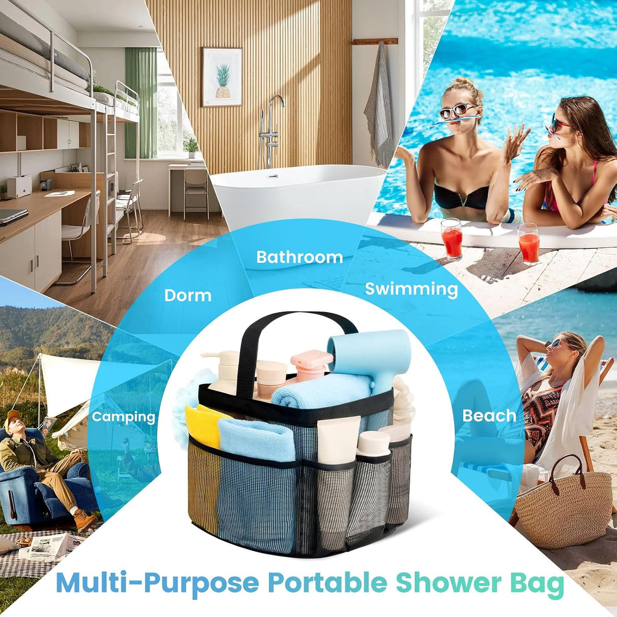 Mesh Shower Caddy Portable for College Dorm Room Essentials for Girls with 9 Pockets,Large-Capacity Shower Basket,Quick Dry Toiletry Tote Bag for Women,Outdoor Gym,Travel,Swim,Beach Camping Essentials