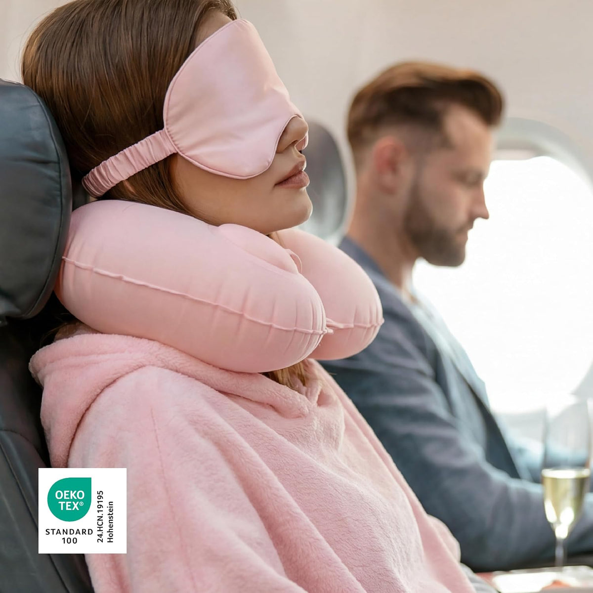 Bedsure Travel Blanket Set with Inflatable Neck Pillow and Eye Mask, Pink