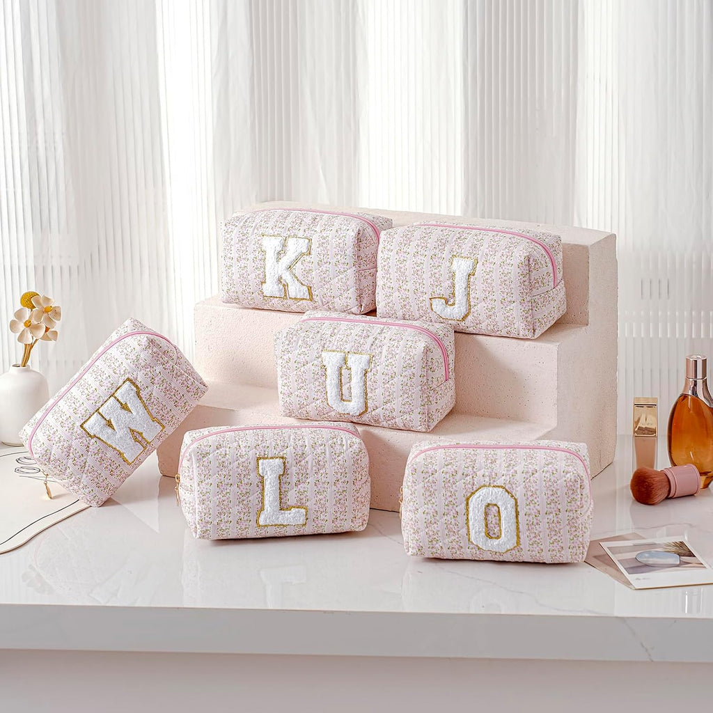 JOVAKIT Alphabet Makeup Bag Cosmetic Bag for Women, Christmas Gifts for Girls Age 6-18, Floral Flowers Coquette Travel Toiletry Zipper Make Up Pouch Organizer Trendy Stuff (Pink Floral R)