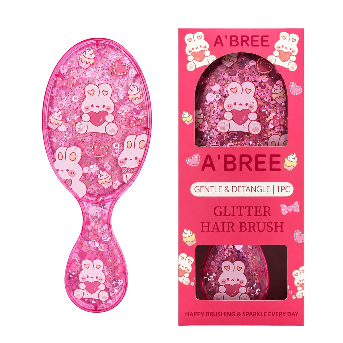 A'BREE Mini Glitter Detangling Hair Brush for Kids Girls Women – Gentle Wet and Dry Hairbrush, Travel Sized Tangle Free Knot Tamer for Toddler, Adorable Character Glitter Design (Ruby Red)
