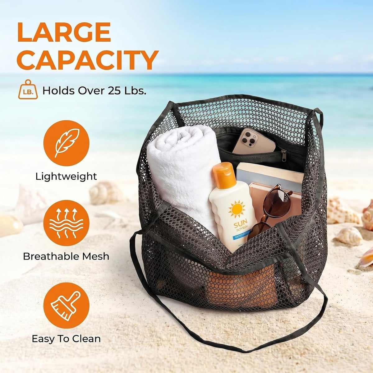 Foldable Mesh Tote Bag For Women, Summer Travel Beach Tote, Sandproof Nylon Mesh With Large Inner Pockets