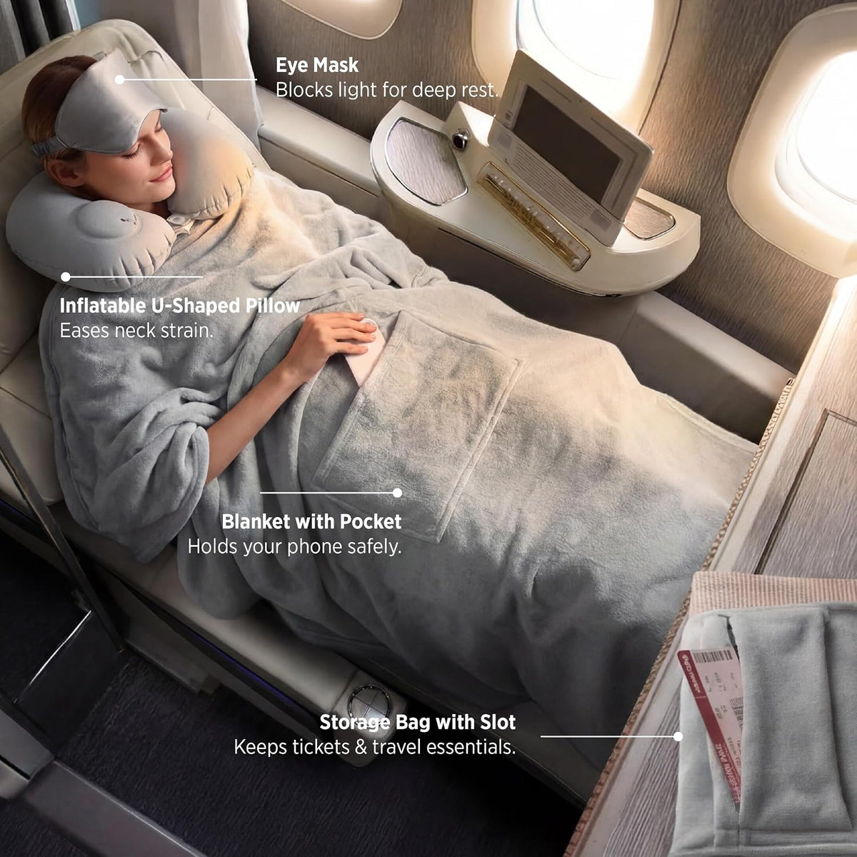 Bedsure Travel Blanket and Pillow Set with Inflatable Neck Pillows, Eye Mask and Storage Bag, Lightweight 3-in-1 Airplane Packable Blanket, Compact Travel Essentials, Grey