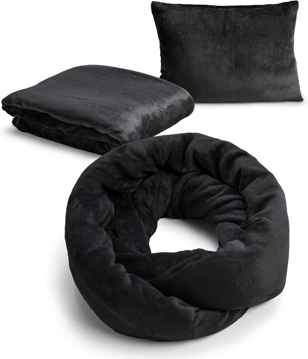 NAPRO 3‑in‑1 Travel Blanket Pillow Scarf – Convertible 50×80″ Blanket, 12×16″ Pillow, 80″ Infinity Neck Pillow – Lightweight, Plush – Black