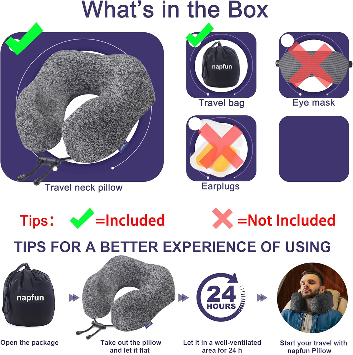 napfun Neck Pillow for Travel, Memory Foam Airplane Pillow, Full Grey