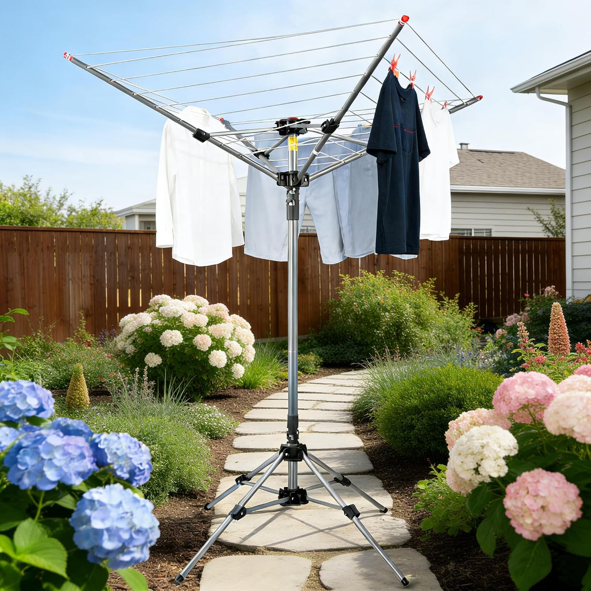 EASI 82 Ft Rotary Clothes Drying Rack with Stable Metal Base, Heavy Duty Stainless Steel Umbrella Clothesline, 360° Rotating Top & Height Adjustable Folding Laundry Rack for Backyard, Camping, RV