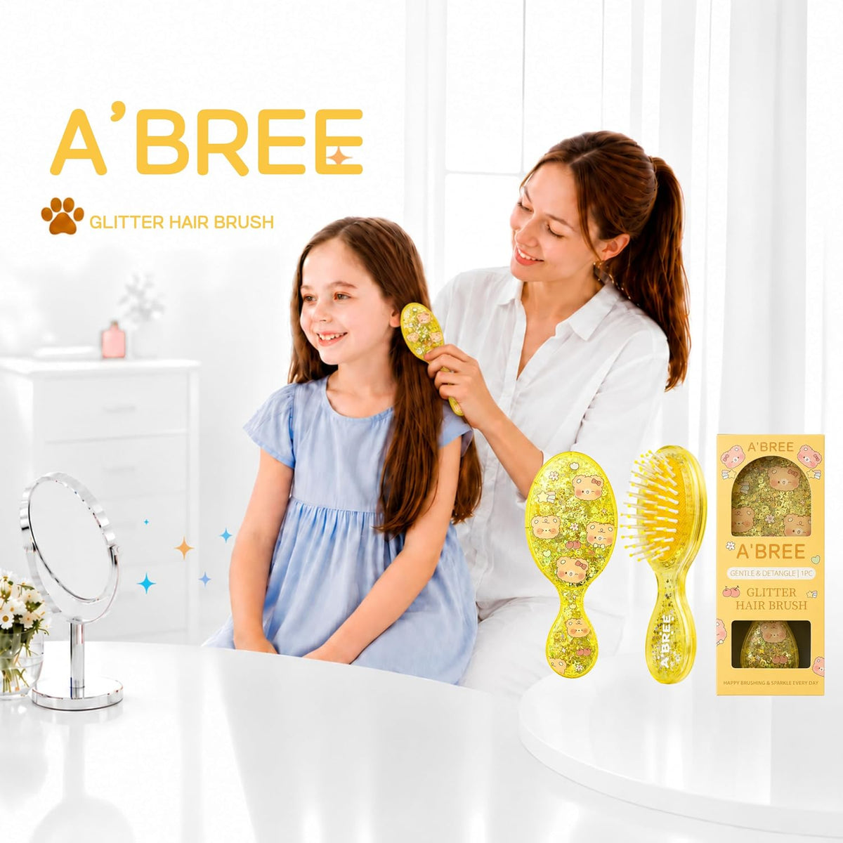 A'BREE Mini Glitter Detangling Hair Brush for Kids Girls Women – Gentle Wet and Dry Hairbrush, Travel Sized Tangle Free Knot Tamer for Toddler, Adorable Character Glitter Design (Sunny Yellow)
