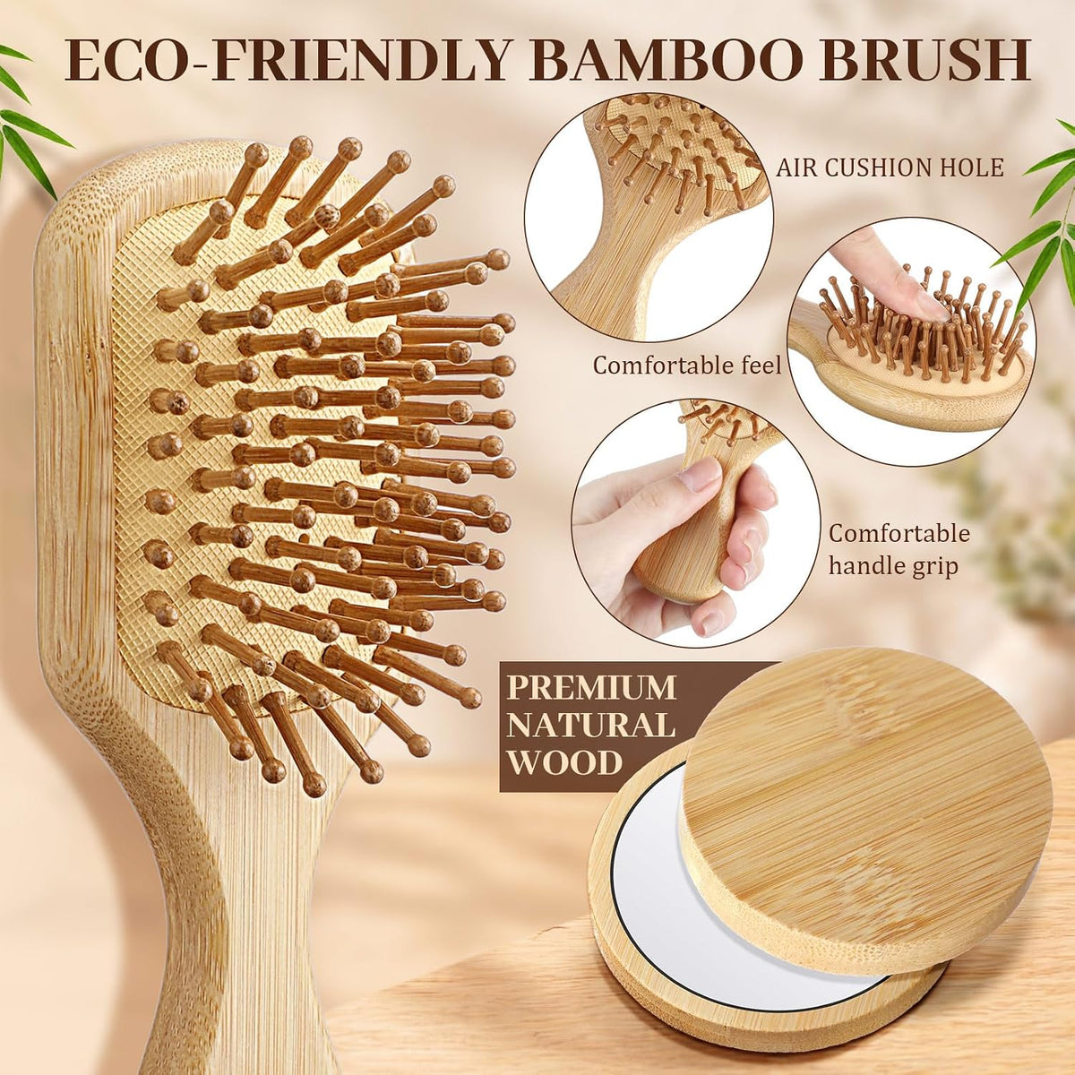 Meanplan Mini Bamboo Hair Brush Bulk with Mirror for Woman, 24 Pack, Square
