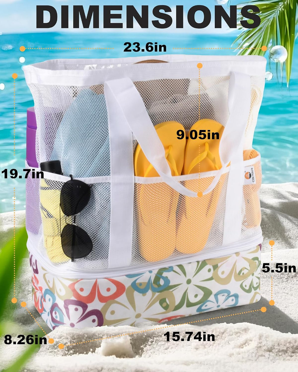 CaCTOUR Beach Bag with Cooler Compartment,Mesh Beach Bag Dry Wet Detachable with Zipper Pockets,Waterproof Sandproof Pool Bag