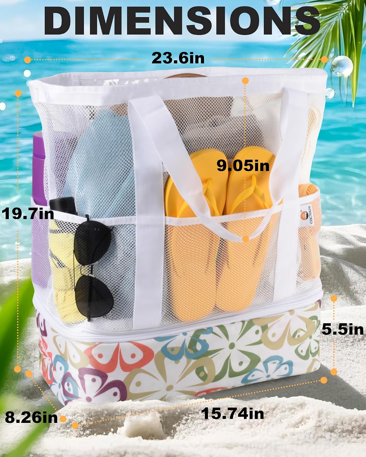 CaCTOUR Beach Bag with Cooler Compartment,Mesh Beach Bag Dry Wet Detachable with Zipper Pockets,Waterproof Sandproof Pool Bag