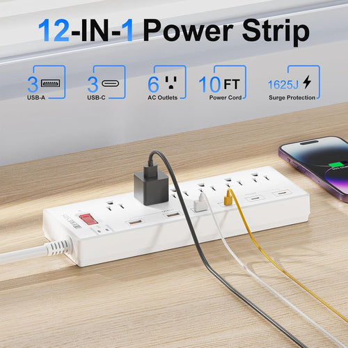 10 ft Power Strip with USB C Ports, HITRENDS Surge Protector with 6 AC Outlets & 6 USB Ports (3 USB C & 3 USB A), 20W PD Fast Charging Station, 6FT Flat Plug Extension Cord, 1625W/13A, for Home Office
