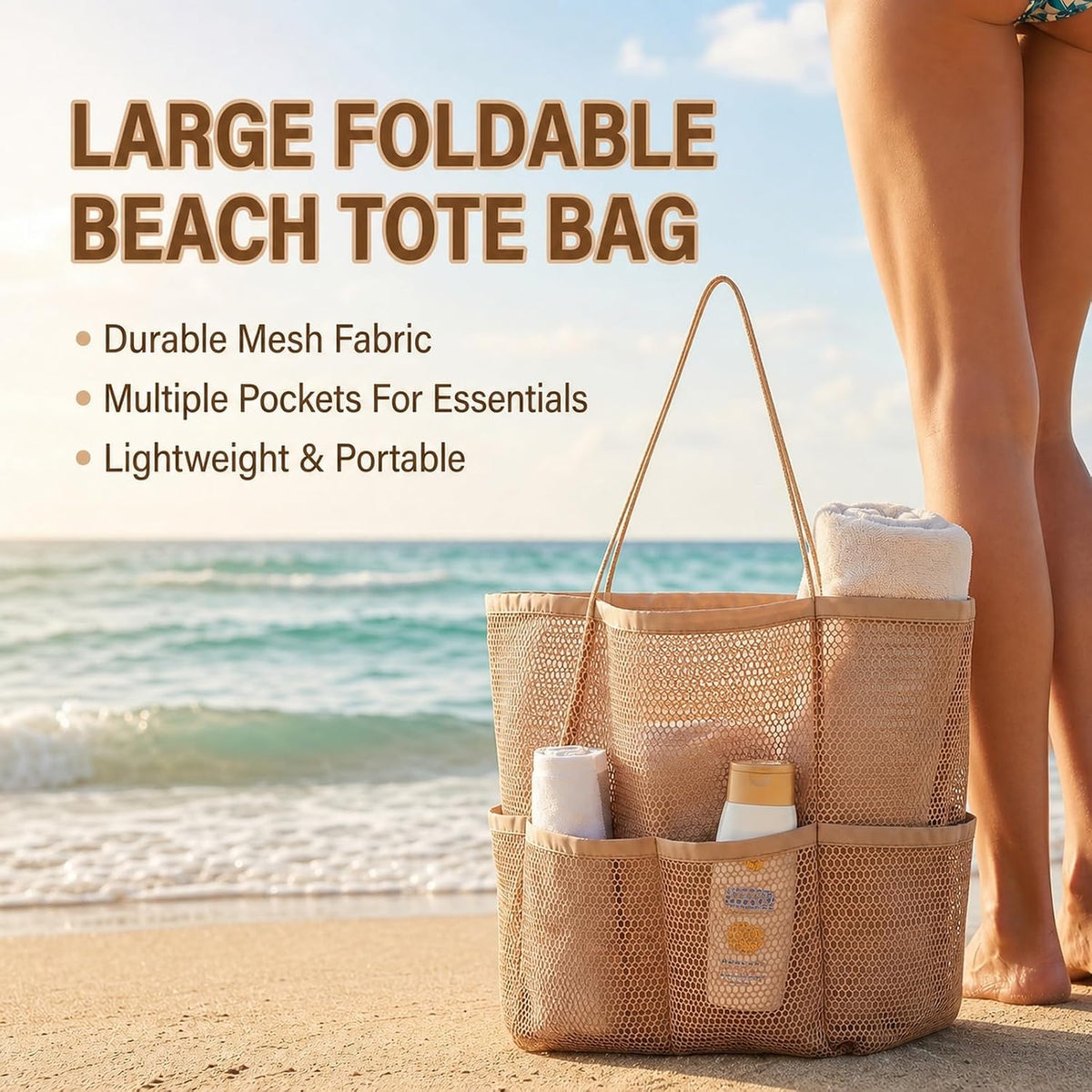 Tan Foldable Mesh Beach Tote for Women, 5‑Pocket Sand‑Proof Travel Bag