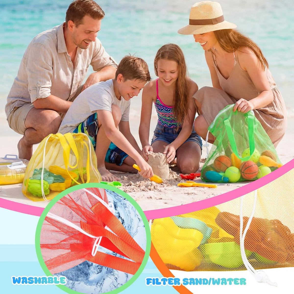 Paterr 24 Pcs Seashell Bag Mesh Drawstring, Foldable Beach Tote, 8 Colors