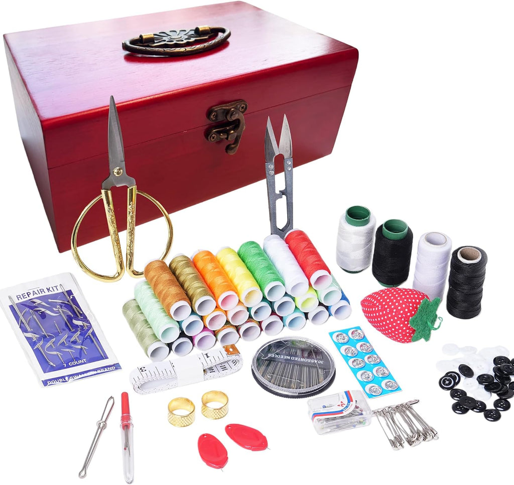Wooden Sewing Kit Box, Wooden Sewing Box with Sew Kit Accessories