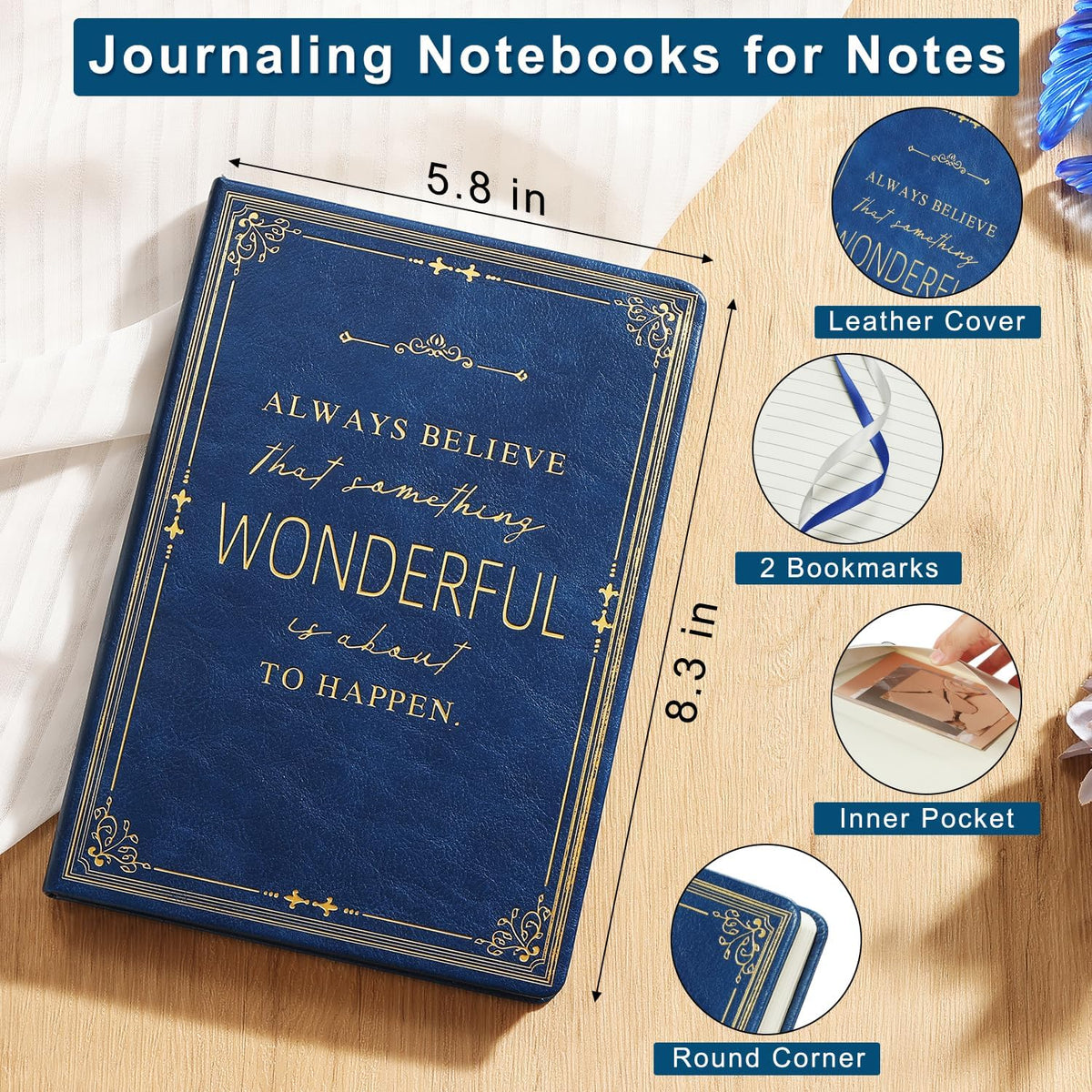 Lined Journal Notebook for Work With Sticky Dividers, 5.75'' X 8.6'' Blue Hardcover Notebook for Writing, 200 Pages Thick Travel Daily Journal, College Ruled Notebook for Women Men, School Supplies