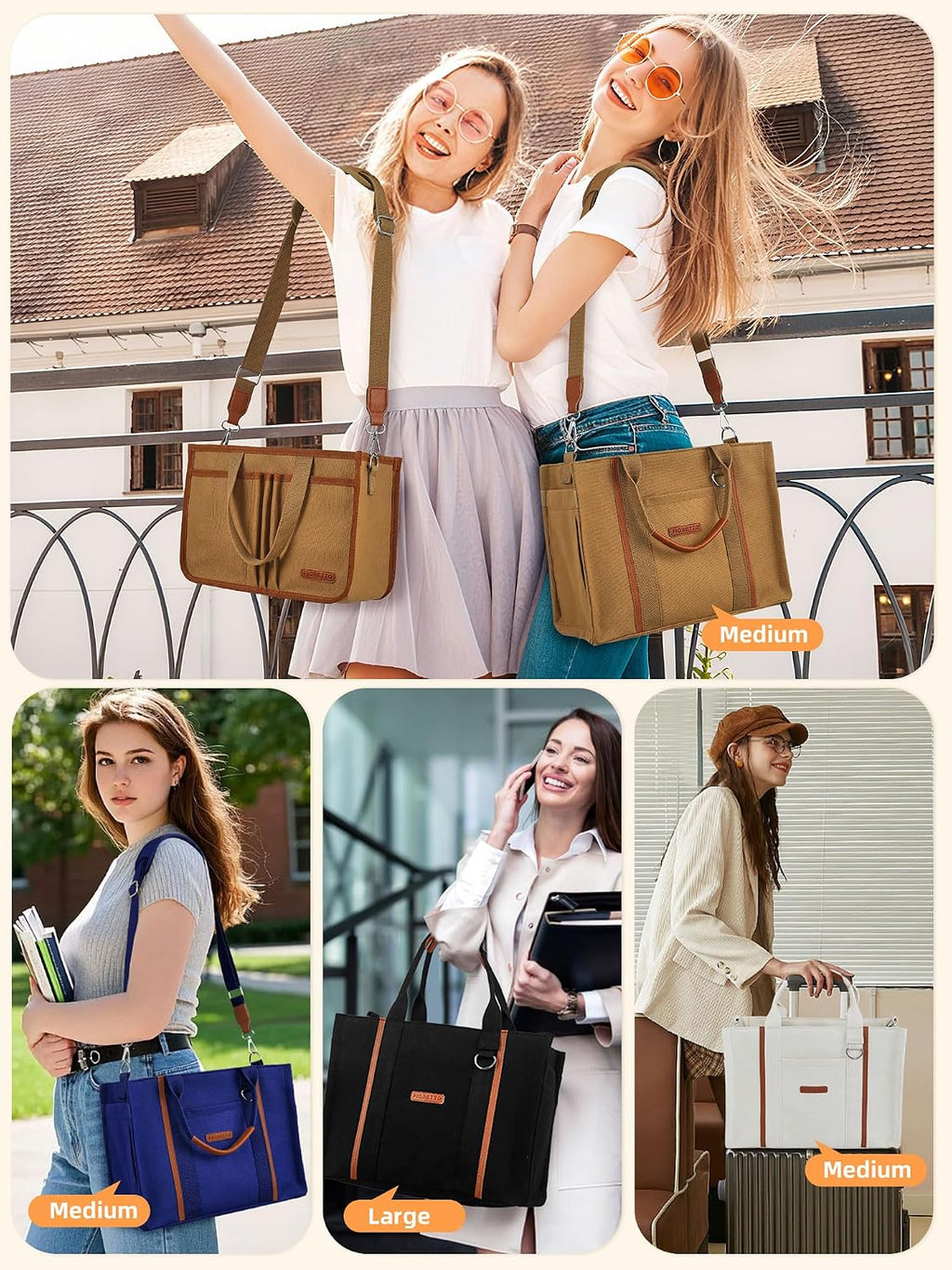 FIORETTO Women’s Canvas Tote Bag Purse with Zipper, Multi Compartment & Reinforced Bottom, Ideal for Work, Bible, Travel