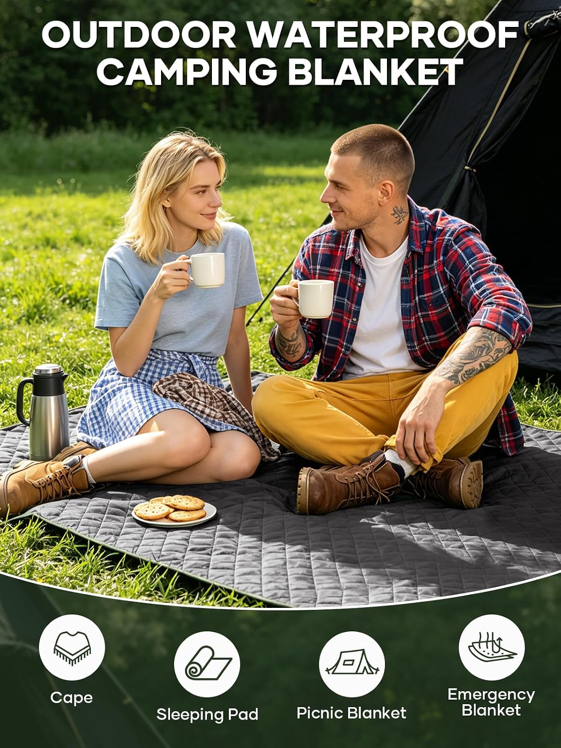 Waterproof Camping Blankets, Reversible Picnic Blanket 79x57 in