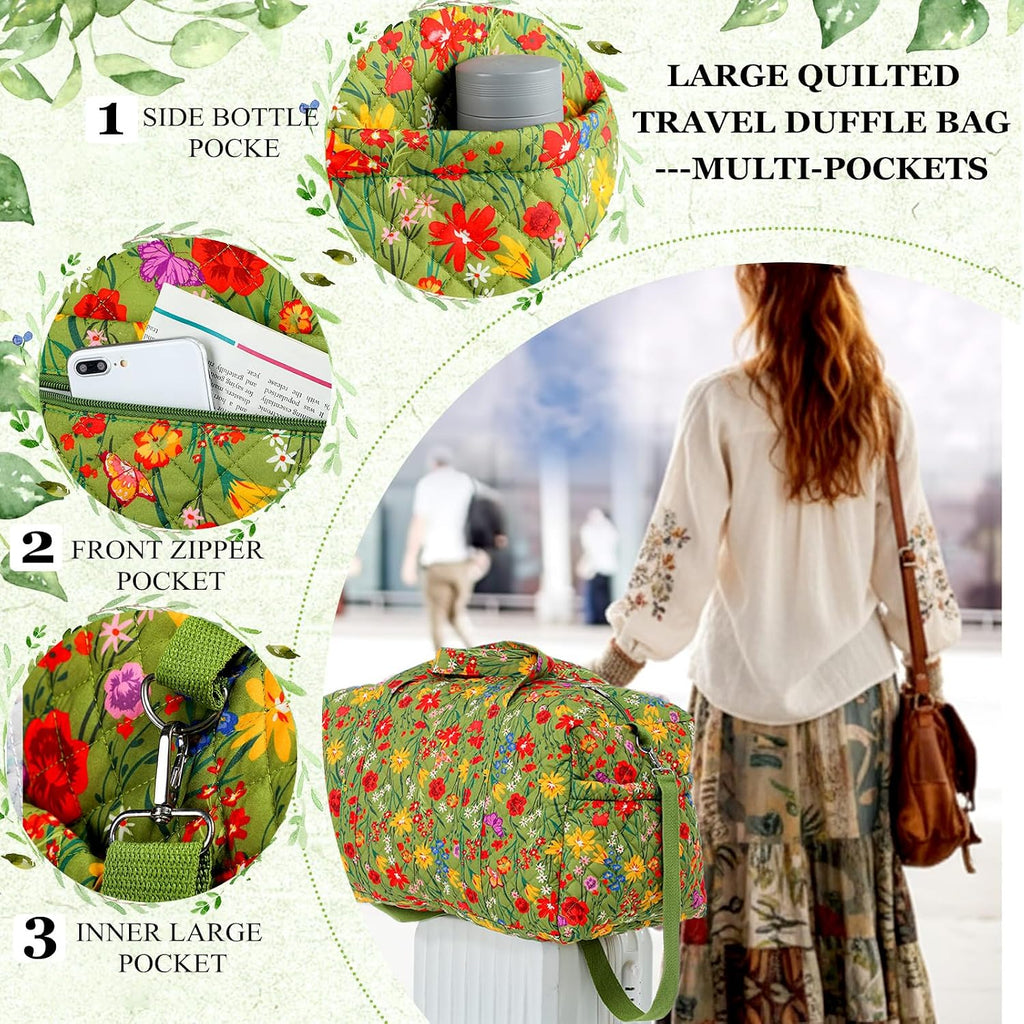 Large Quilted Travel Duffle Bag for Women, Yellow Green Grassland