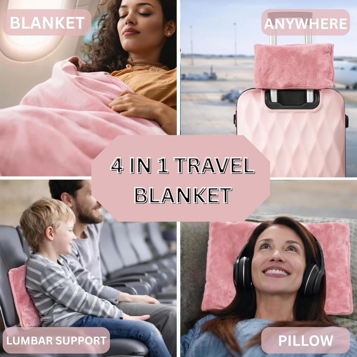 Travel Blanket and Pillow Compact – 4-in-1 Soft Fleece Airplane Blanket with Bag Pillowcase, Neck Pillow, Eye Mask & Earplugs, Lightweight Portable Flight Blanket 60"x43" (Pink)