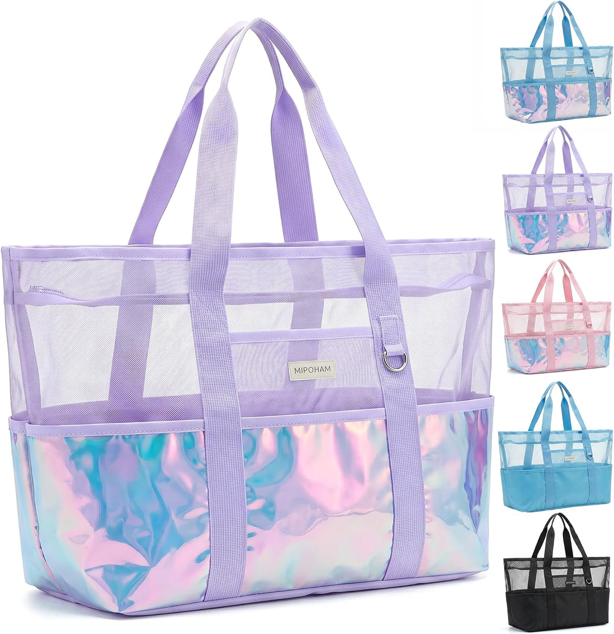 Iridescent Mesh Beach Bag with Zipper, 14 Pockets Large Beach Tote Bag