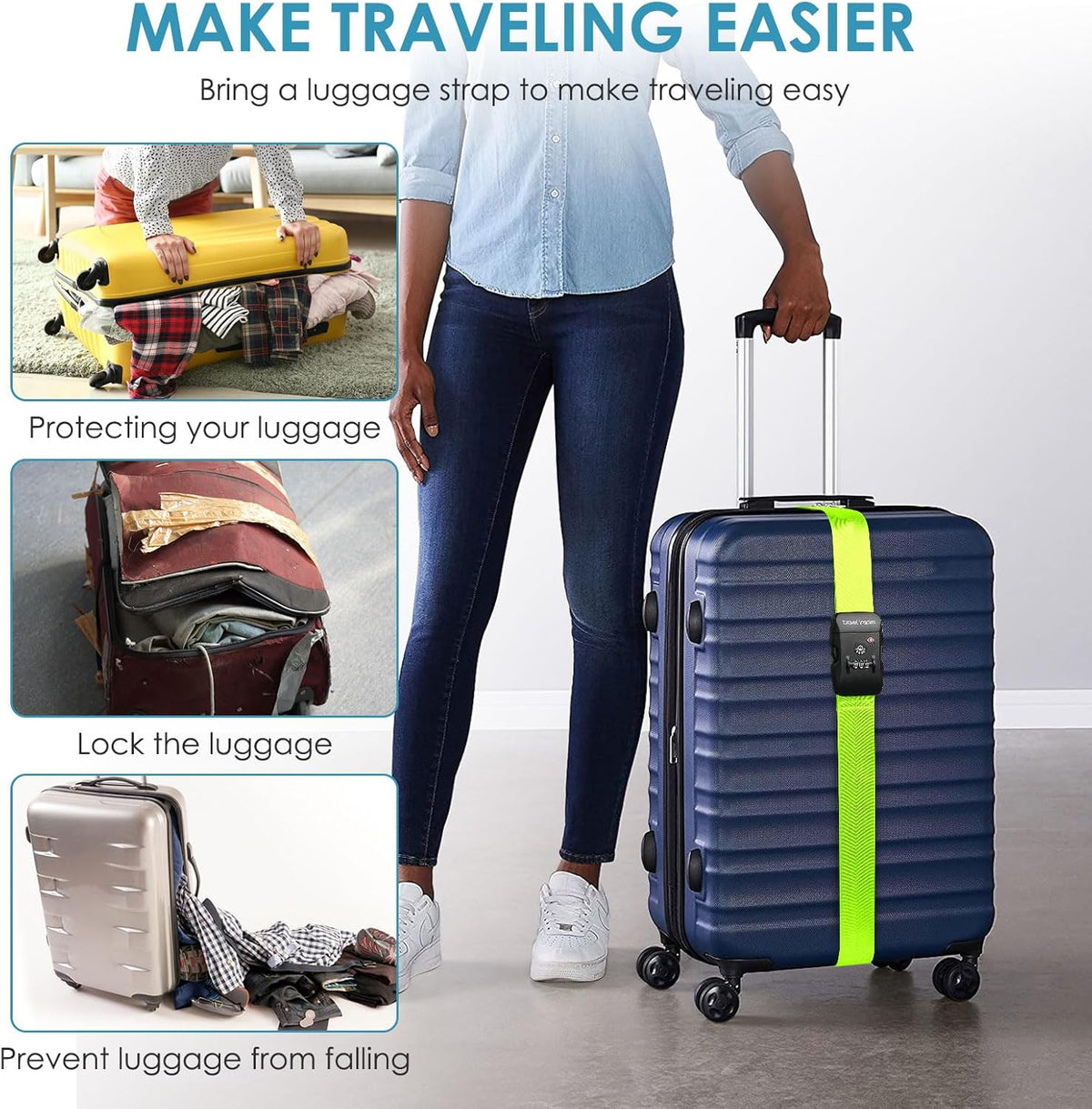 Travel Inspira TSA Approved Luggage Strap - Adjustable Length with Combination Lock and Digital Luggage Scale 110 Pounds, Battery Included