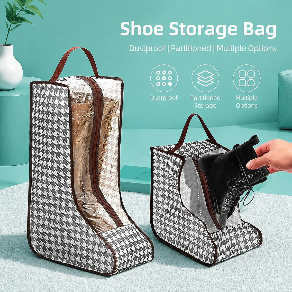 Tall Boot Storage Bag Organizer for Closet and Travel, Portable Dustproof Bags for Cowboy (3 Pcs Grey Houndstooth Short & Long Boot)
