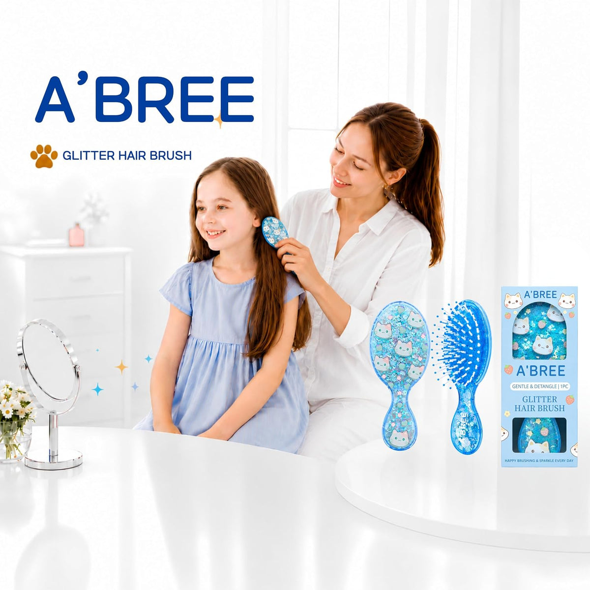 A'BREE Mini Glitter Detangling Hair Brush for Kids Girls Women – Gentle Wet and Dry Hairbrush, Travel Sized Tangle Free Knot Tamer for Toddler, Adorable Character Glitter Design (Ocean Blue)