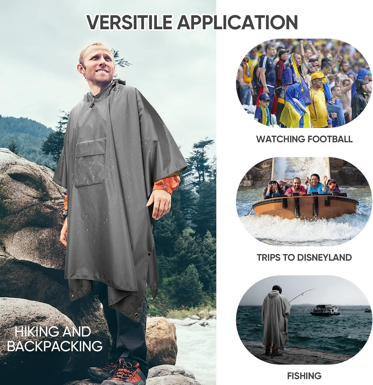 PTEROMY Hooded Rain Poncho for Adults, Reusable Waterproof Raincoat