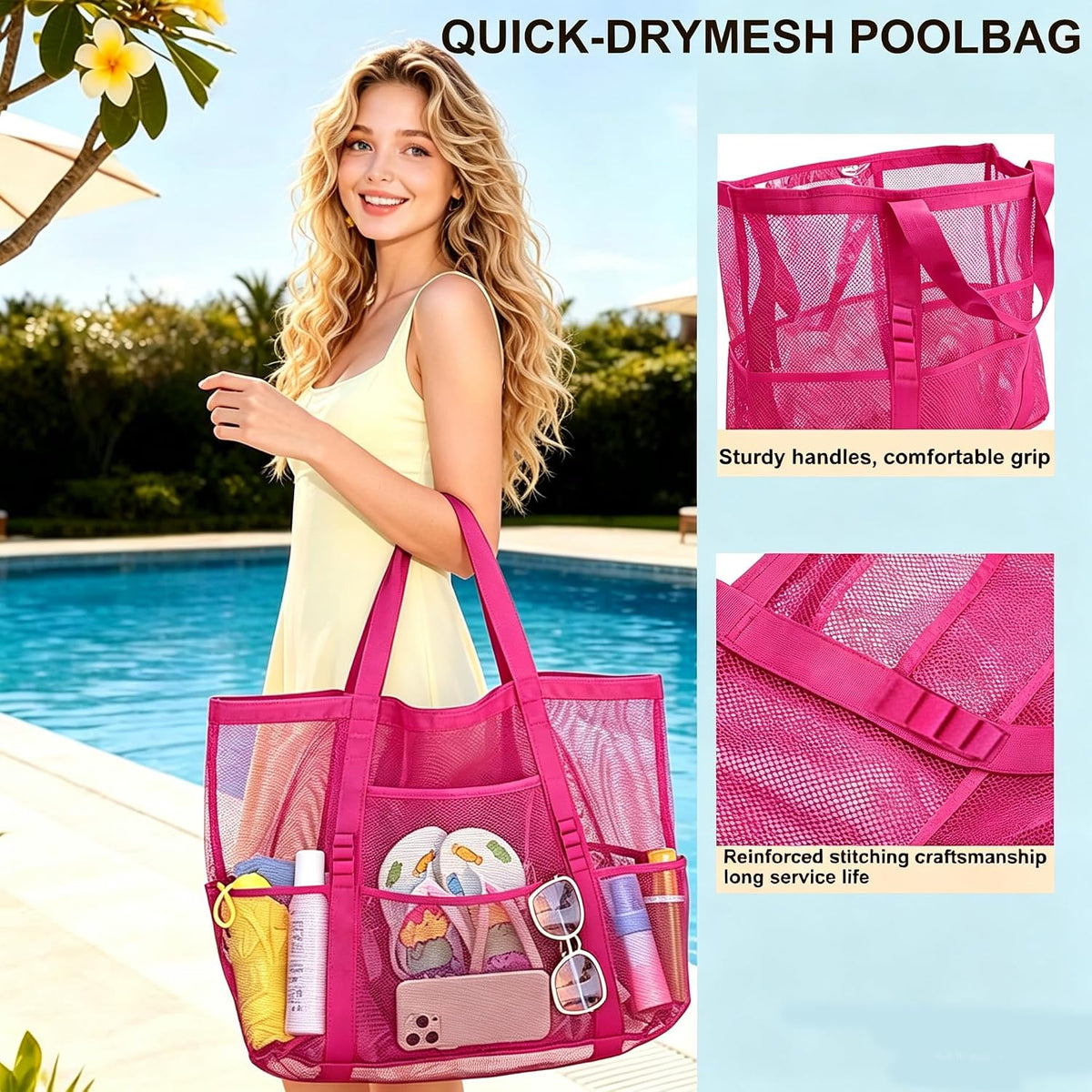 SUPACOOL Large Mesh Beach Bag for Men and Women, Beach Tote Bag for Family,Pool bag, with a Waterproof Zipper Pocket