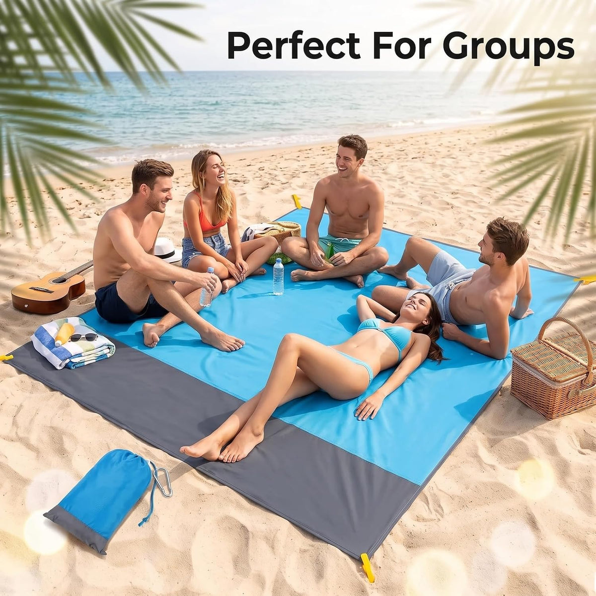 4-Piece Blue-Gray Color-Block Beach Blanket Waterproof Sandproof Set, Ripstop Polyester Mat with Stakes Carabiner, Lightweight Portable Outdoor Picnic Mat, Windproof Camping Essentials