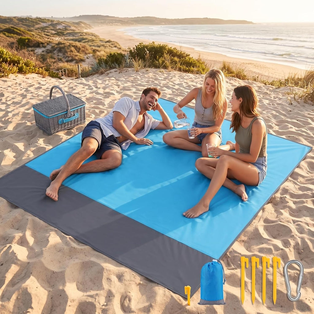 4-Piece Blue-Gray Color-Block Beach Blanket Waterproof Sandproof Set, Ripstop Polyester Mat with Stakes Carabiner, Lightweight Portable Outdoor Picnic Mat, Windproof Camping Essentials