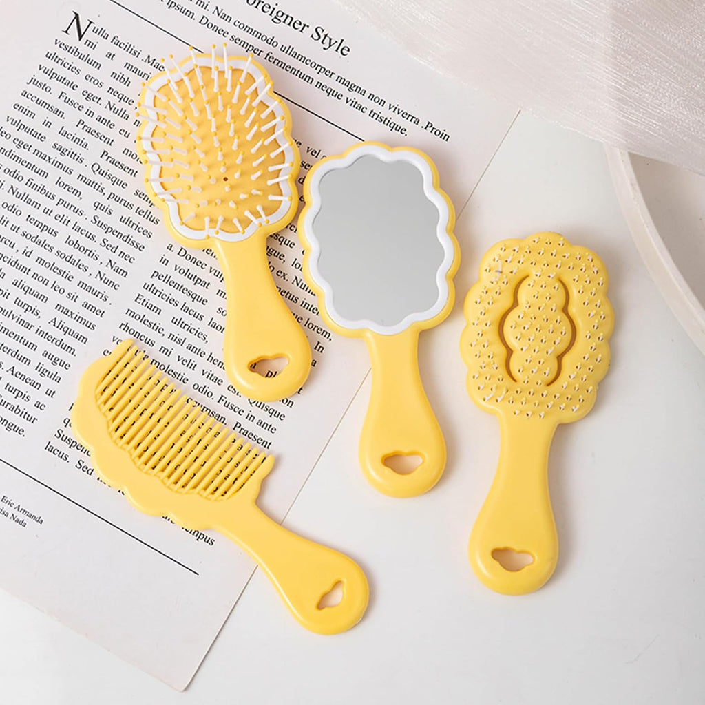 4 Pieces Mini Wet Hair Brush Hair Comb Set For Women Girls Kids Gift Small Cute Cloud shaped Hair Comb Hair Brush Handheld Mirror Set Travel Detangling Comb Massage HairBrush with Air Cushion (Yellow)