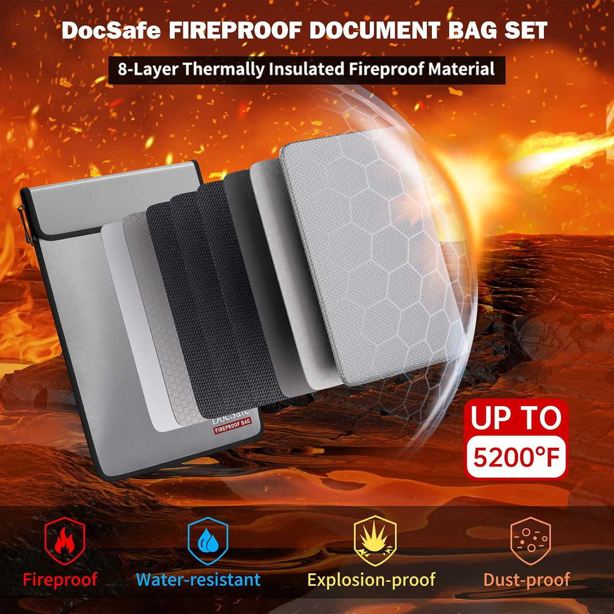 DocSafe Fireproof Document Bag (5200℉) with Fireproof Organizer Travel Case,Heat Insulated Fire＆Water Resistant 8 Layers Safe Money Bag Storage for Important Documents,Cash,Power Bank,Valuables,Gray