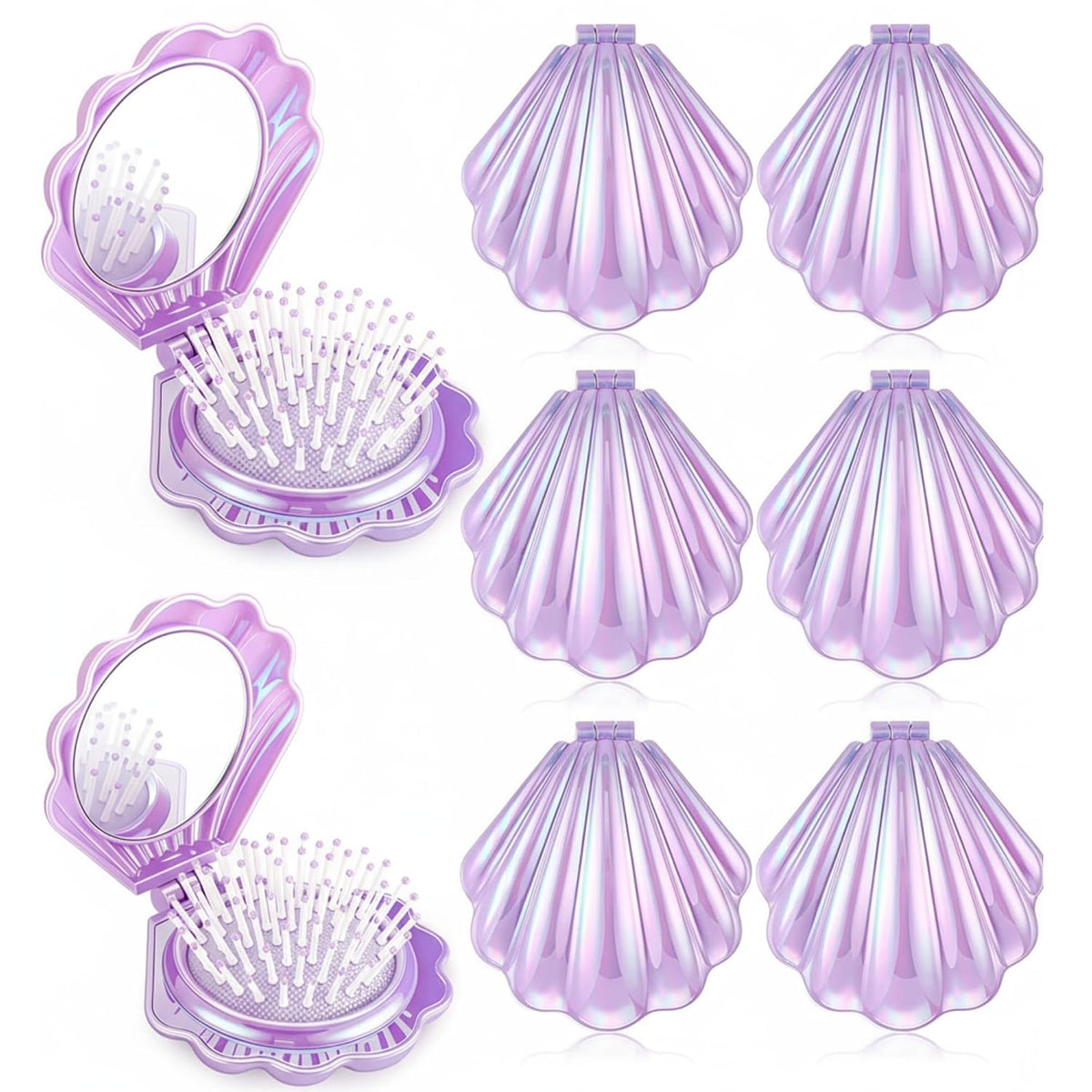 AceOrbit 6 Pcs Mermaid Party Favors Foldable Shell Hair Brush with Mirror Mini Travel Pocket Compact Hair Brush Makeup Comb for Women Girls Birthday Party Gifts(Purple)