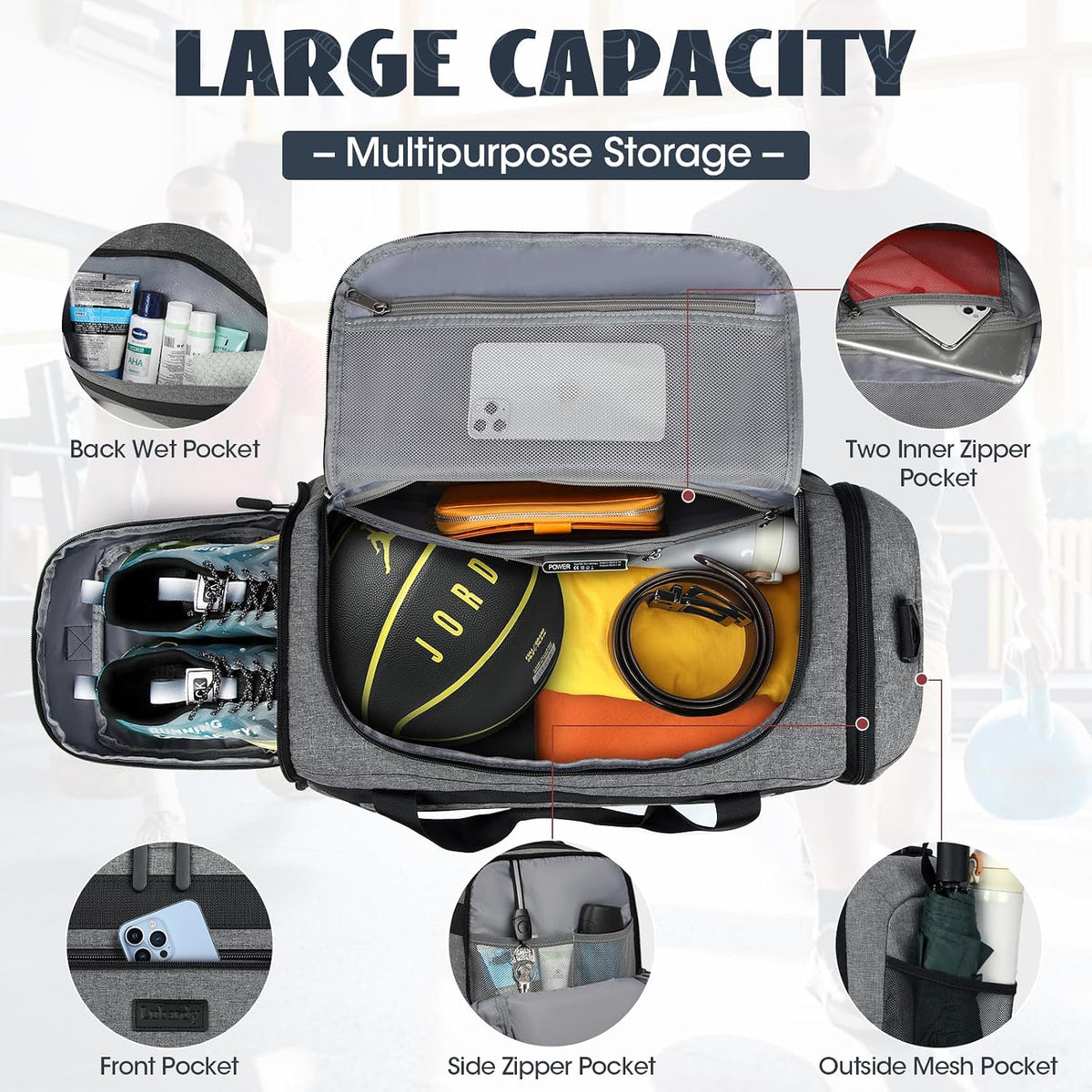 IGOLUMON Gym Bag for Men 55L Sports Duffel Bags Gym Duffle Bag Women with Shoe Compartment & Wet Pocket Water Resistant Travel Duffel Bag Lightweight Weekender Overnight Bag Gray