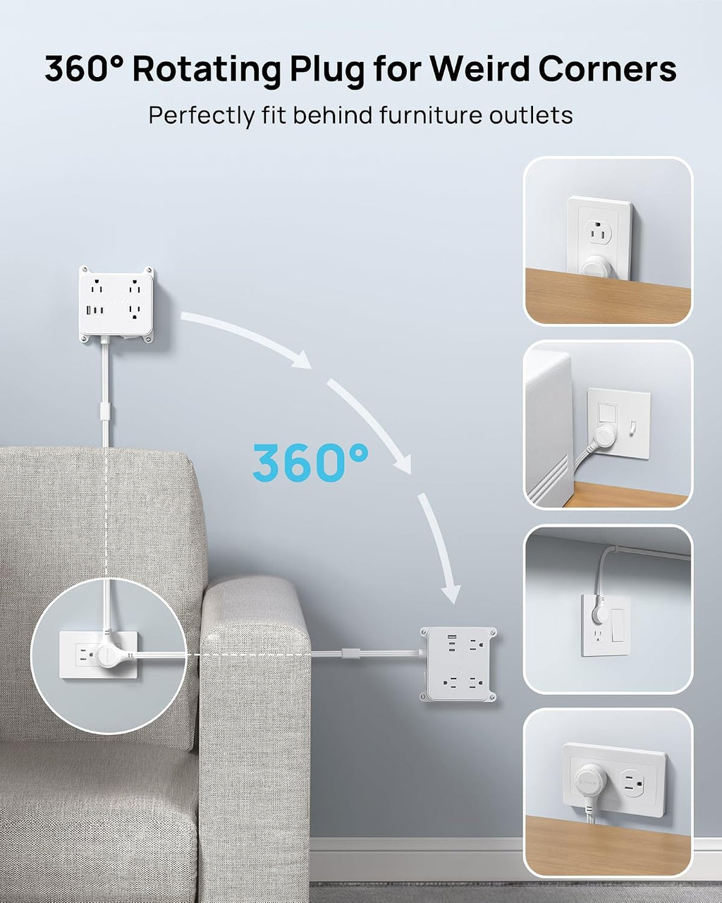 TROND Flat Power Strip with 360° Rotating Plug