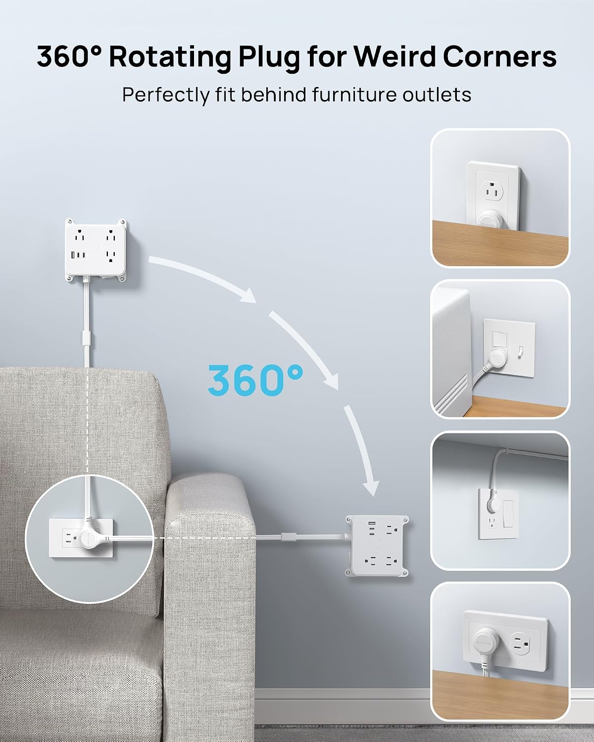 TROND Flat Power Strip with 360° Rotating Plug