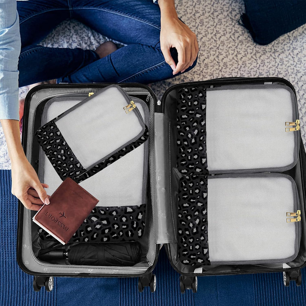 4 Set Packing Cubes Travel Luggage Organizers for Suitcase Travel Accessories for Women Girls Aesthetic Cute-Black Leopard Cheetah Pattern