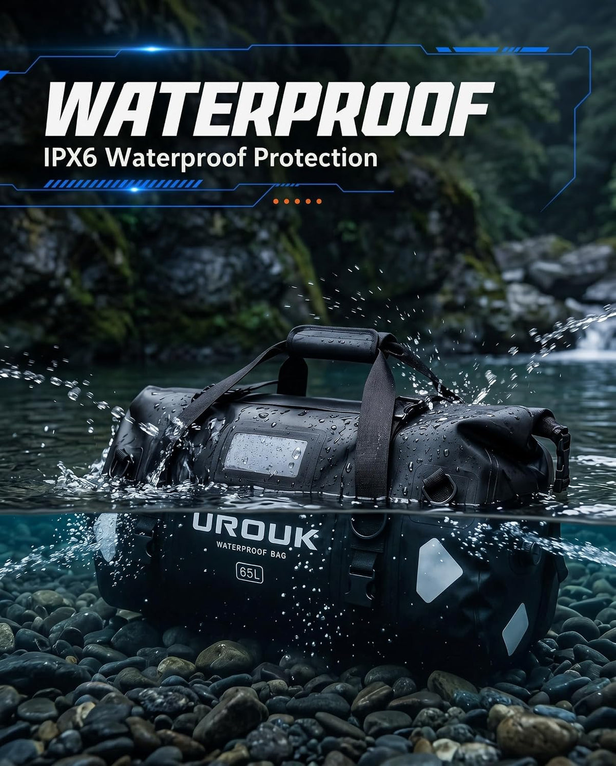 Waterproof Duffel Bag 40L 65L 90L Large Motorcycle Dry Bag Backpack,Roll-Top Heavy Duty Tail Bag Luggage Gear Bag with Straps for Travel, Camping, Fishing, Boating, Kayaking