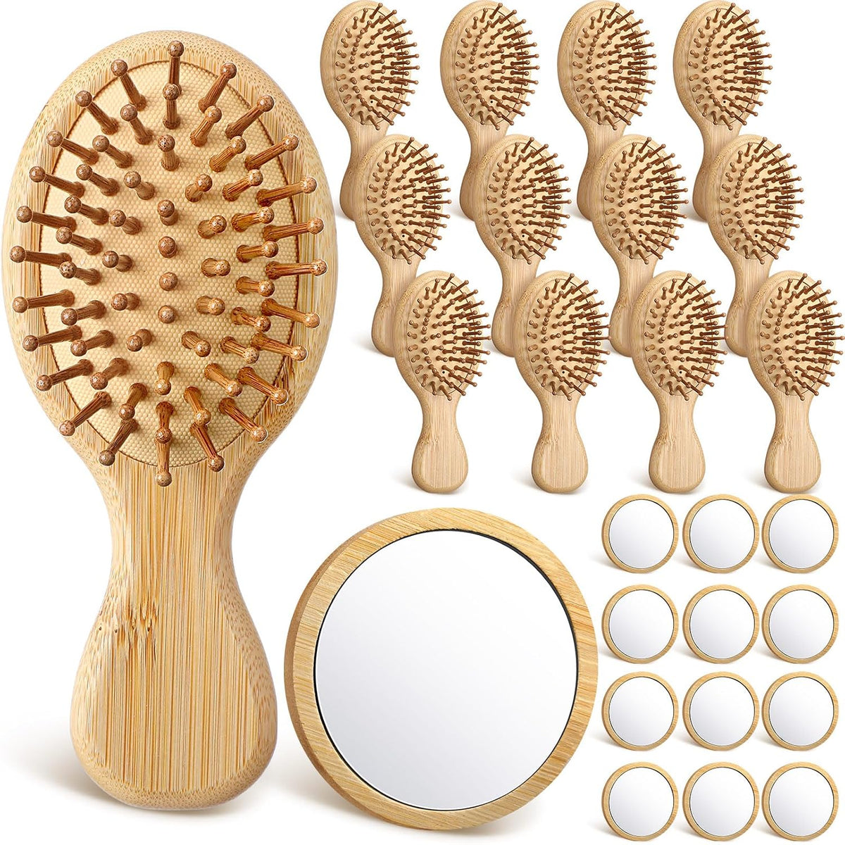Meanplan Mini Bamboo Hair Brush Bulk with Mirror for Woman, 24 Pack, Oval