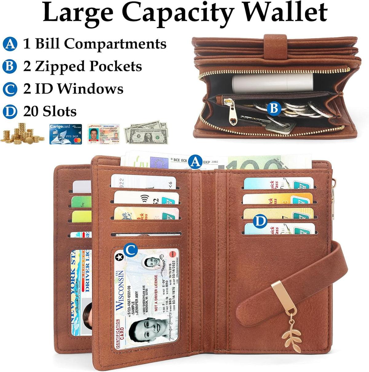 RFID Blocking Trifold Wallet for Women PU Leather Credit Card Holder Brown