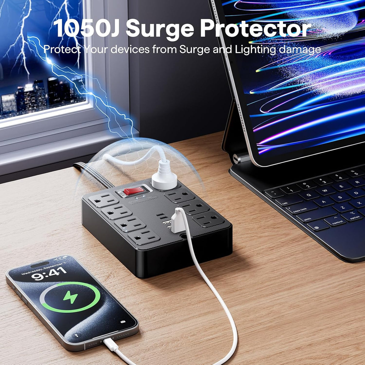 13 in 1 Surge Protector Power Strip Flat Plug 8 Widely AC Outlet 3 USB Ports,1250W/10A，10 ft Extension Cord with Multiple Outlets, Desk Extender for Dorm, Home,Travel，Office Essentials,ETL Listed