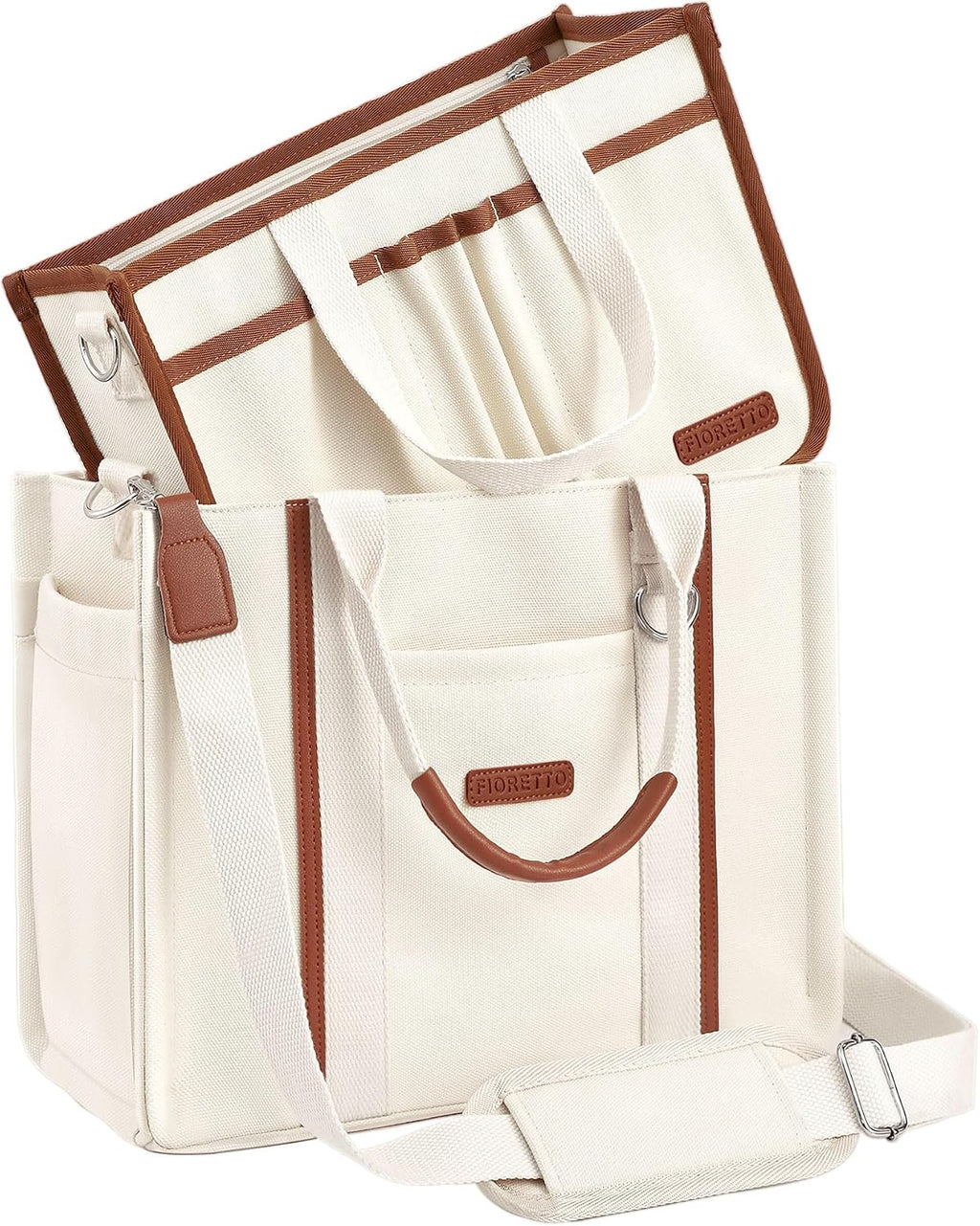 FIORETTO Women’s Canvas Tote Bag Purse with Zipper, Multi Compartment & Reinforced Bottom, Ideal for Work, Bible, Travel