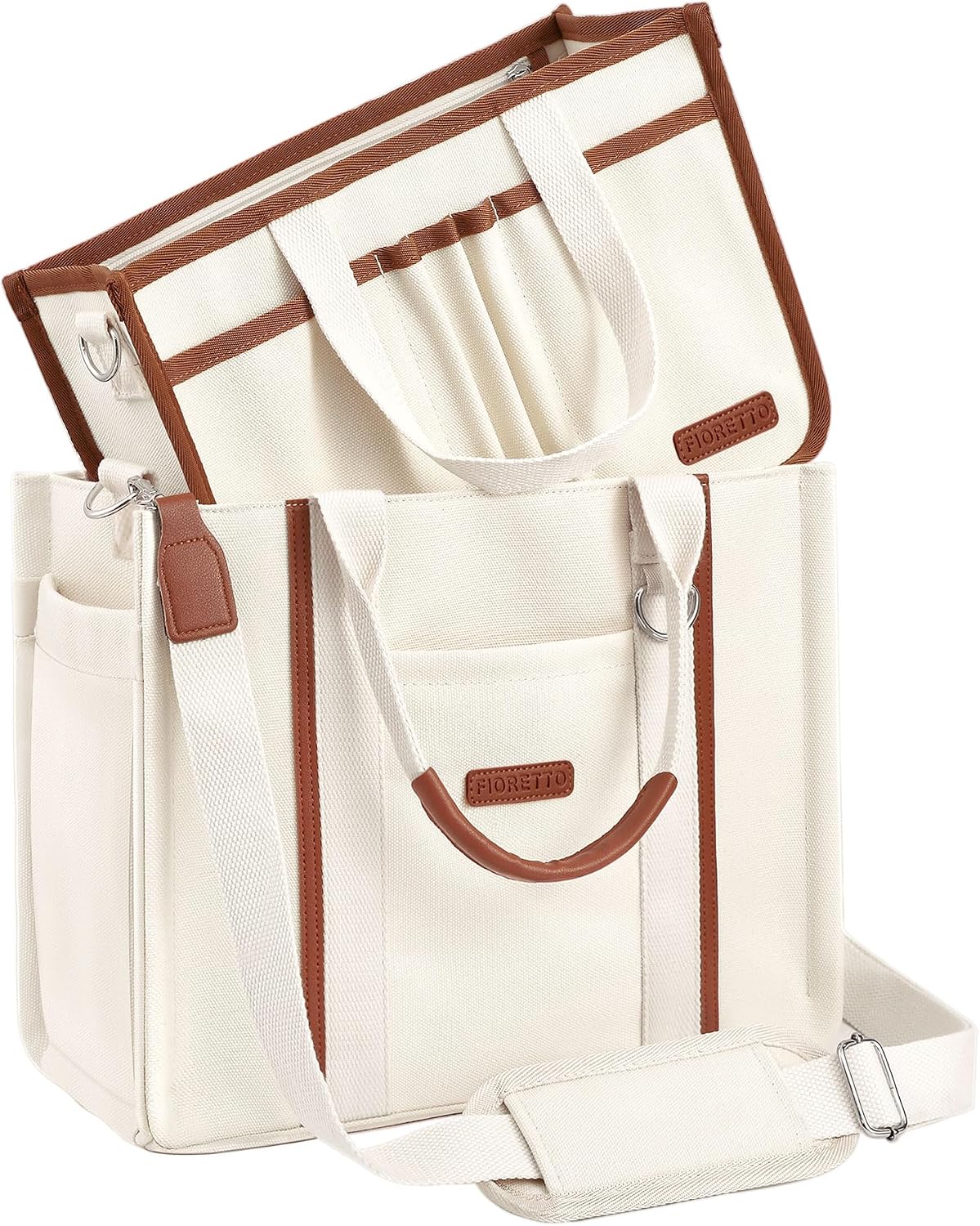 FIORETTO Women’s Canvas Tote Bag Purse with Zipper, Multi Compartment & Reinforced Bottom, Ideal for Work, Bible, Travel