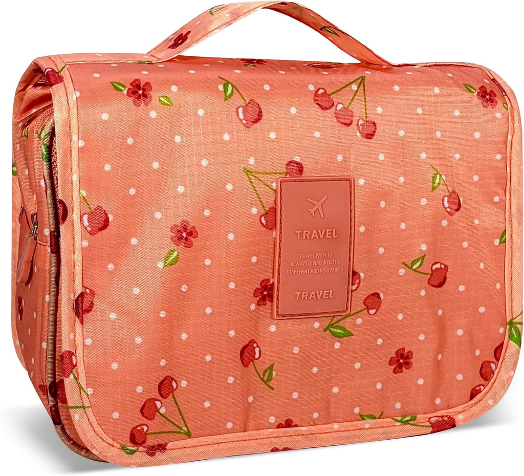 Portable Hanging Toiletry Bag for Travel,Small Multifunctional Makeup Cosmetic Bag for Women,Waterproof Travel Toiletries Organizer,Shower Bathroom Pouch with Hook for Gym,Camping - Pink Cherry