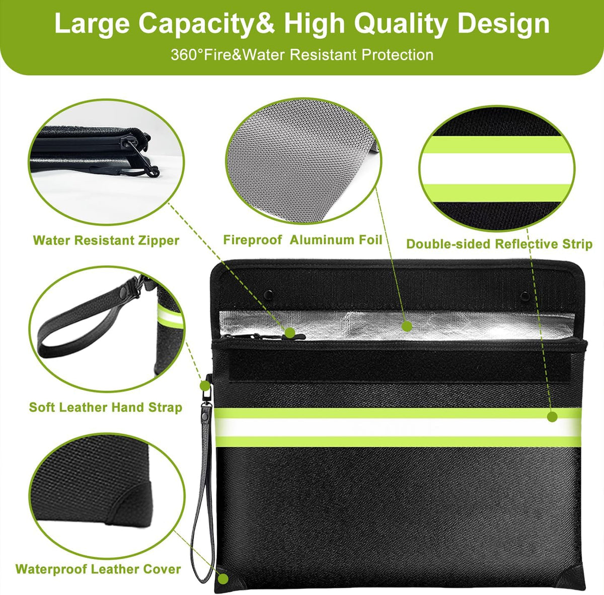 6500°F Fireproof Document Bag with Lock, Upgraded Fireproof/Waterproof Money Bag with Zipper/Reflective Strip,Storage Pouch for Cash,Cell Phone,Passport